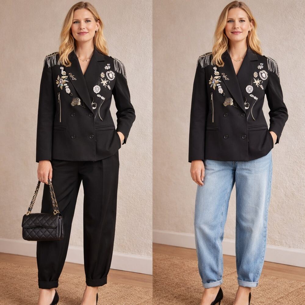 Statement Double Breasted Blazer Studded Fringe Epaulette Rockstar Chic Sz-34